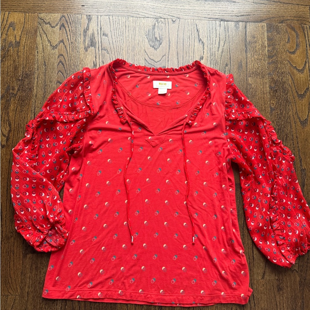 Anthropologie Red Blouse with Patterned Sleeves